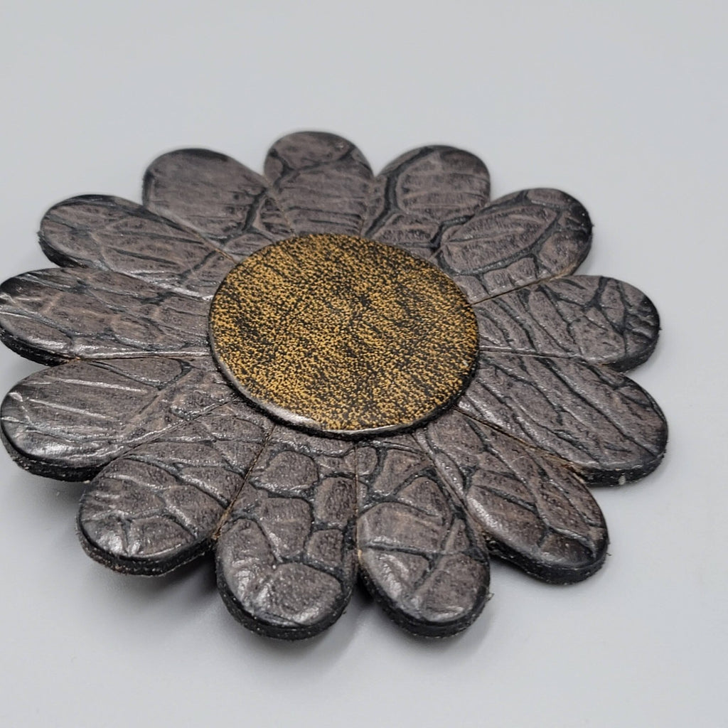 Large Flower Brooch Brown Leather 3.25"