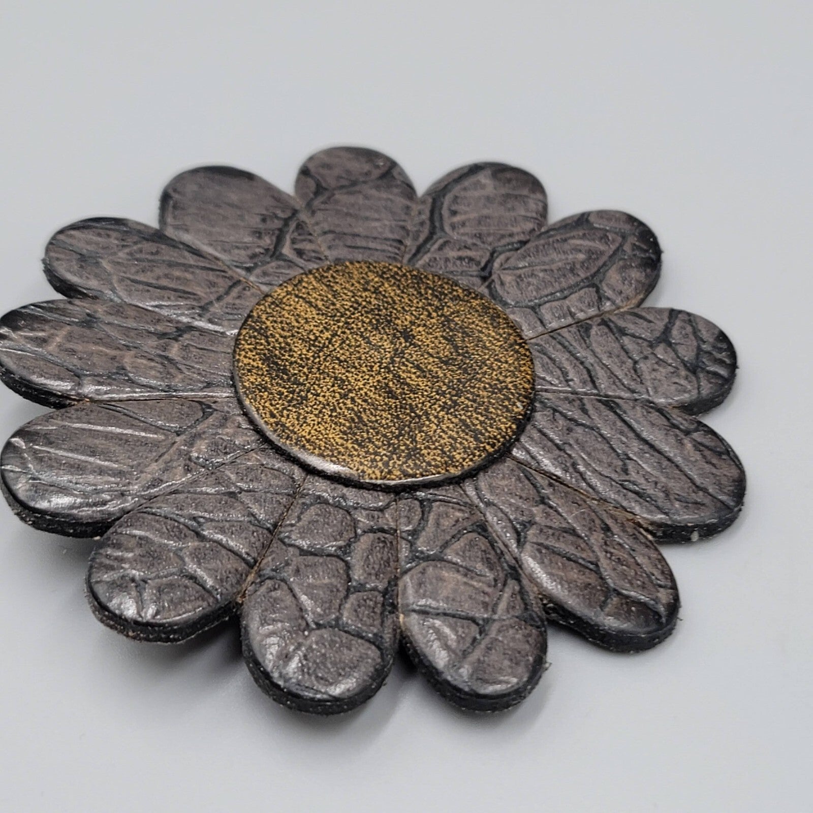 Large Flower Brooch Brown Leather 3.25"