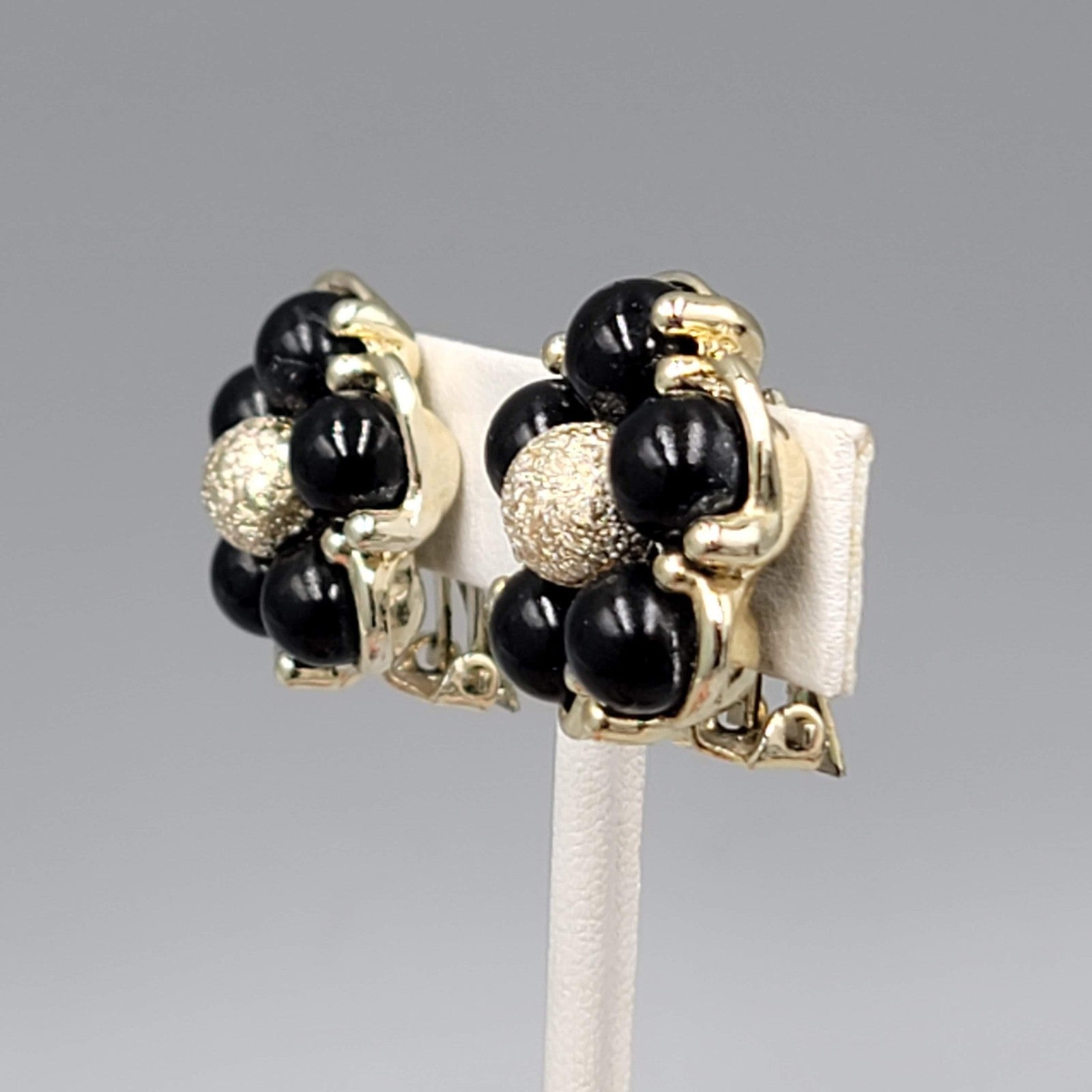 Vintage Gold tone Black Bead Flower Clip on Earrings 1"