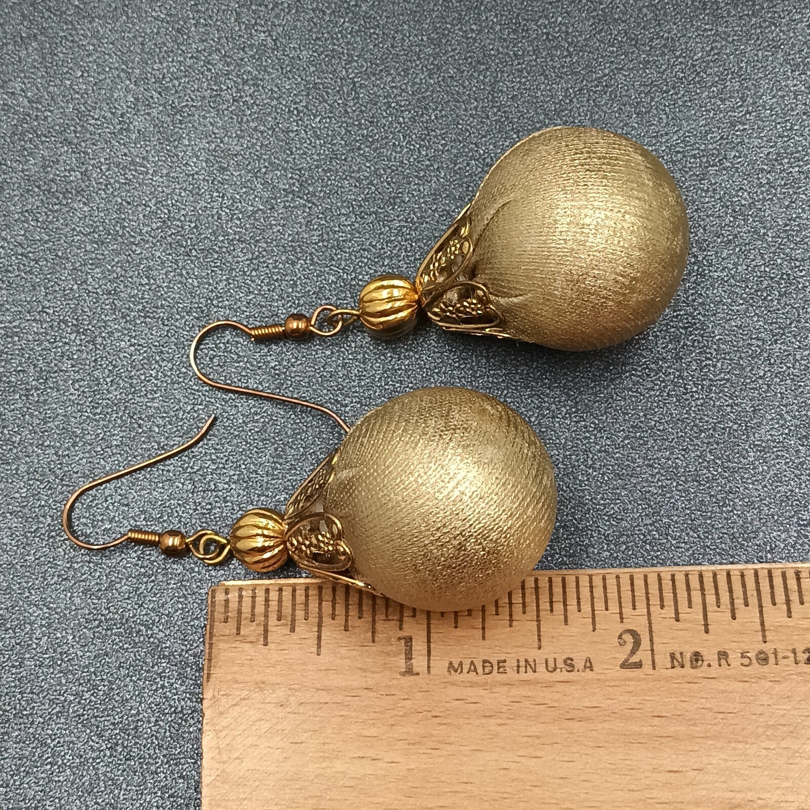 Pierced Earrings Gold tone Christmas Ornament Fabric Wrapped Ball Dangle 1 3/4"