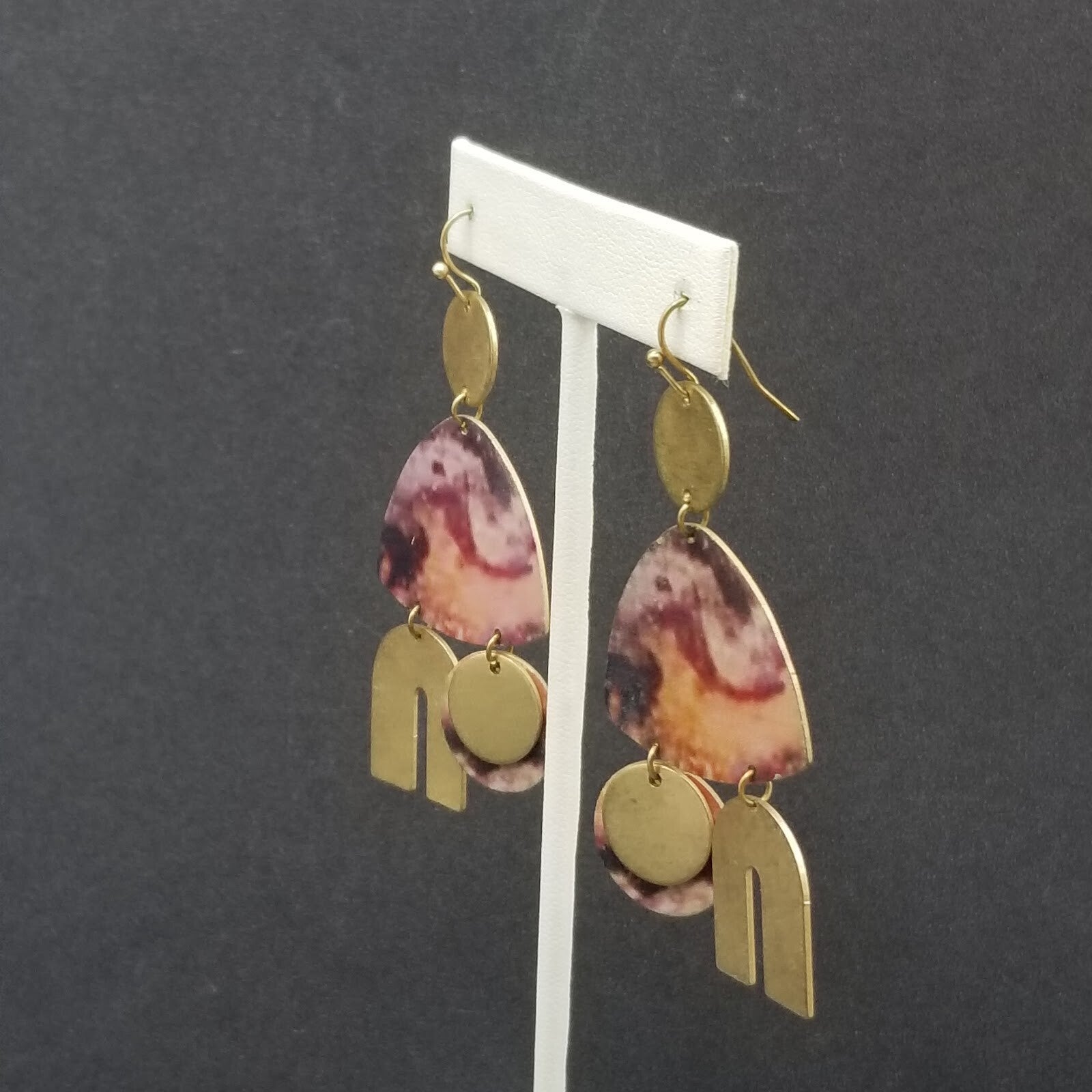 Pierced Earrings Gold tone Multicolor Geometric Statement Dangle 2 5/8"