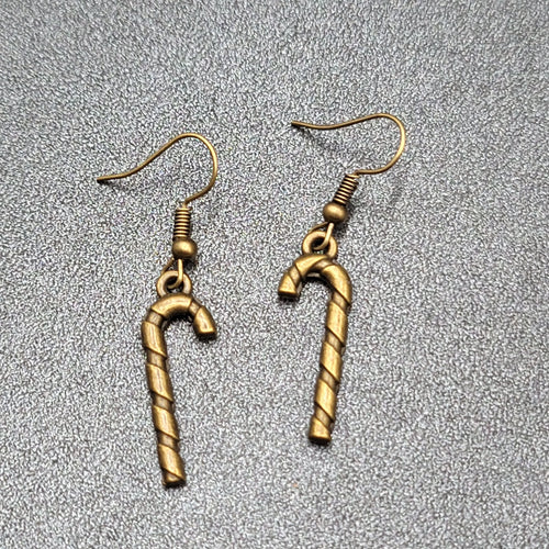 Candy Cane Pierced Earrings Embossed Bronze tone Dangle 1"