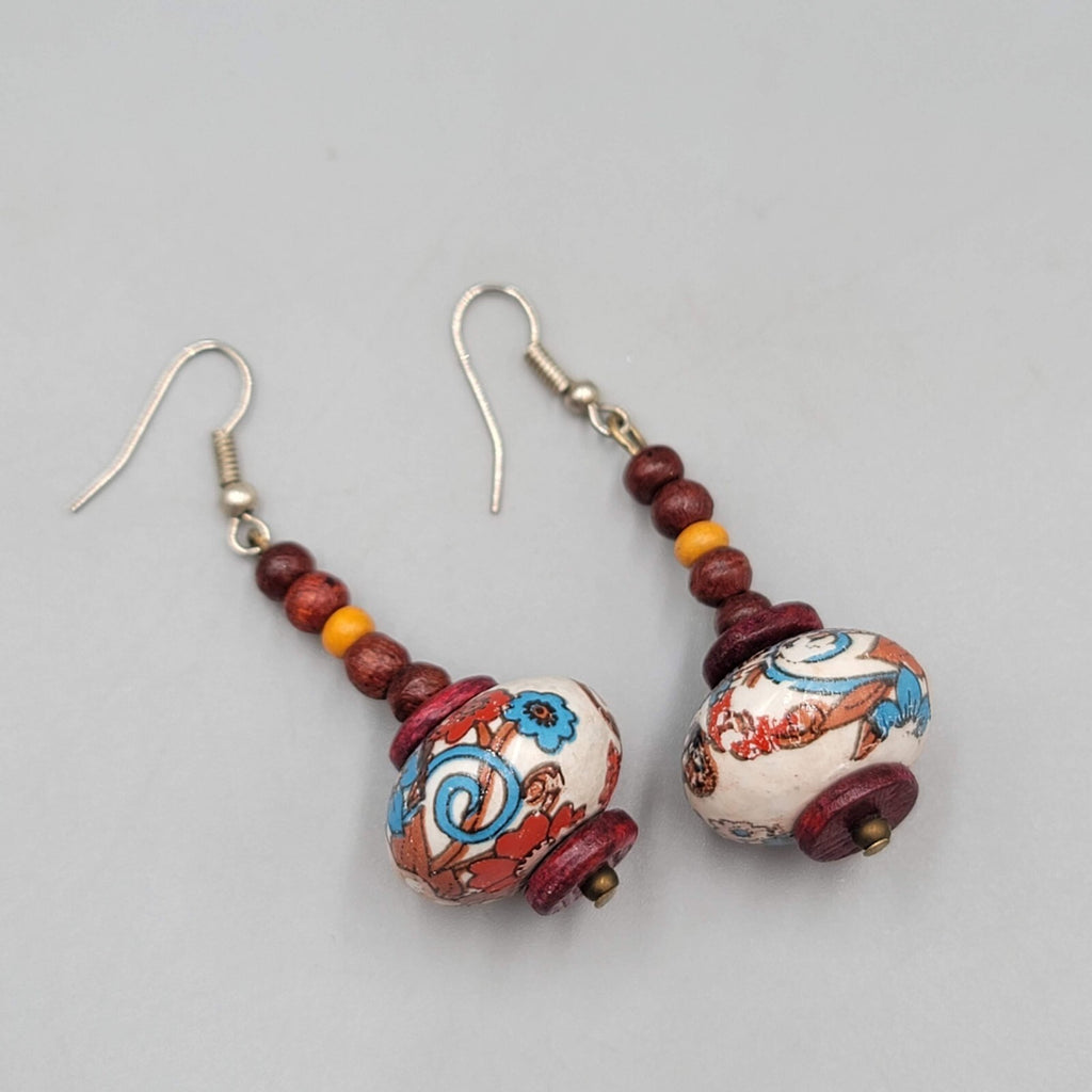 Beaded Pierced Earrings Wood Flower Bead Dangle 1 5/8"