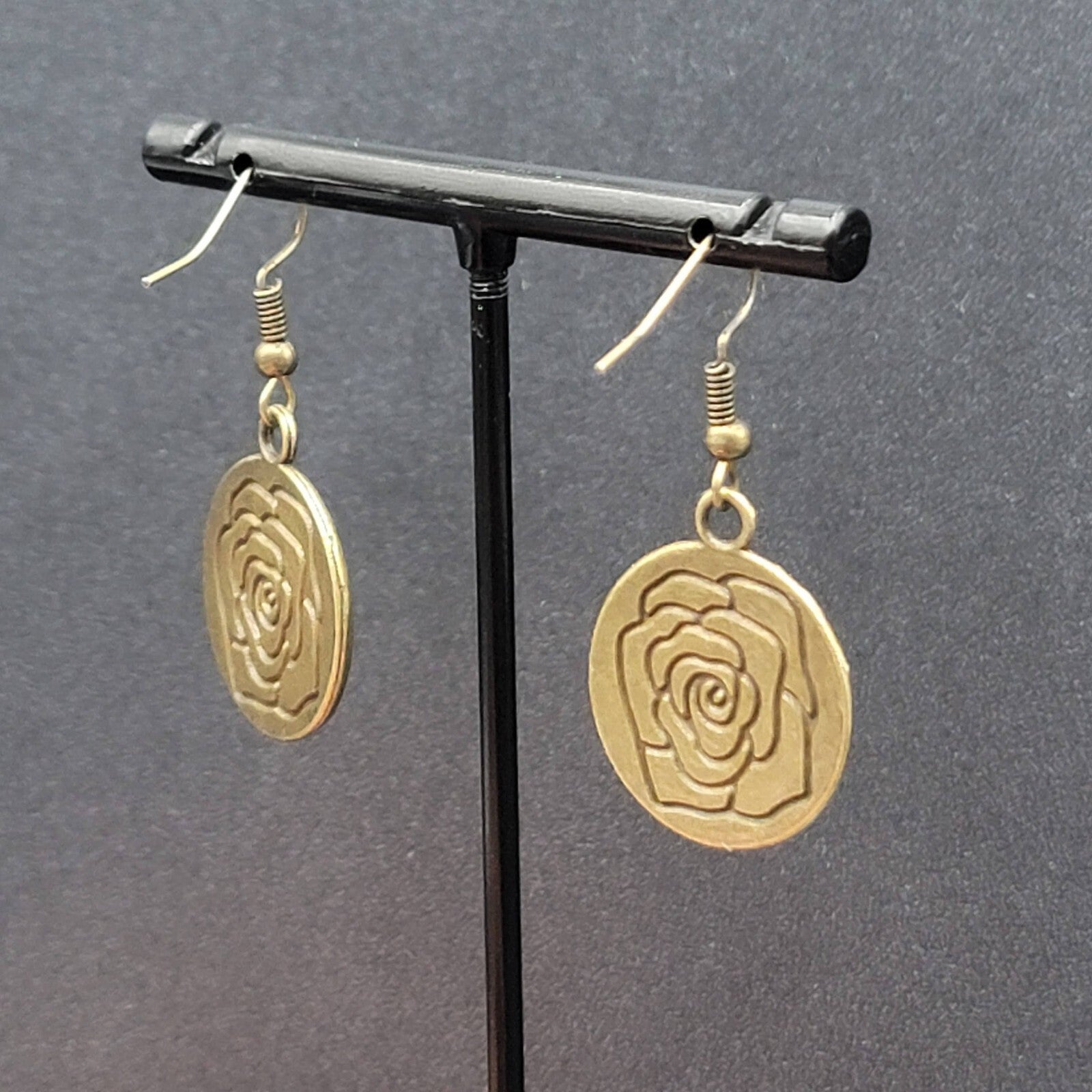 New Embossed Rose Flower Hat Pierced Earrings Bronze tone Round Dangle 1"