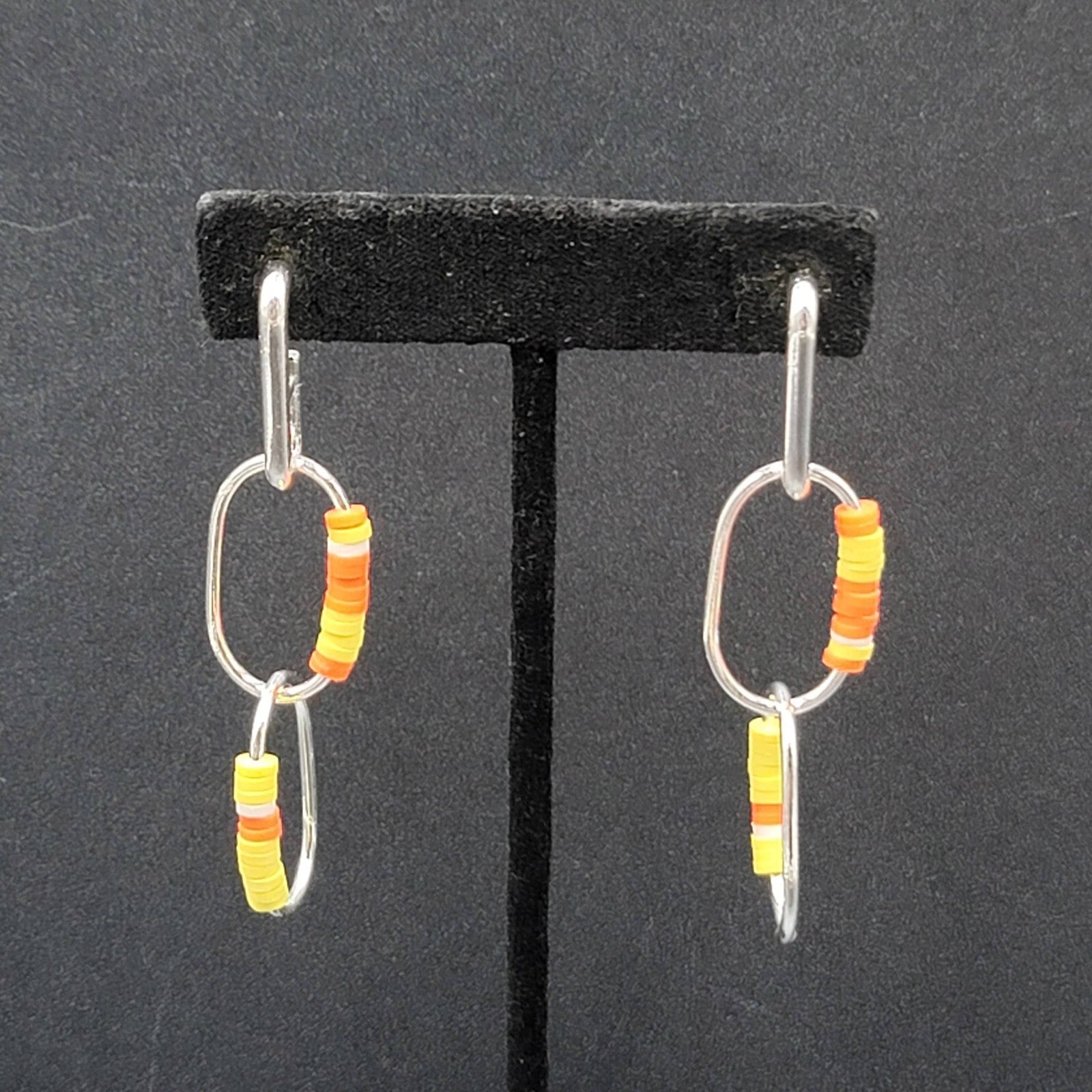 Pierced Earrings Silver tone Dangle Rings Yellow Orange Beads 2.75"