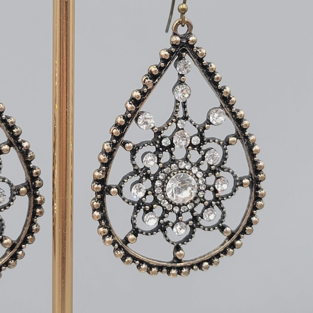 Teardrop Pierced Earrings Bronze tone Rhinestone Dangle 2"
