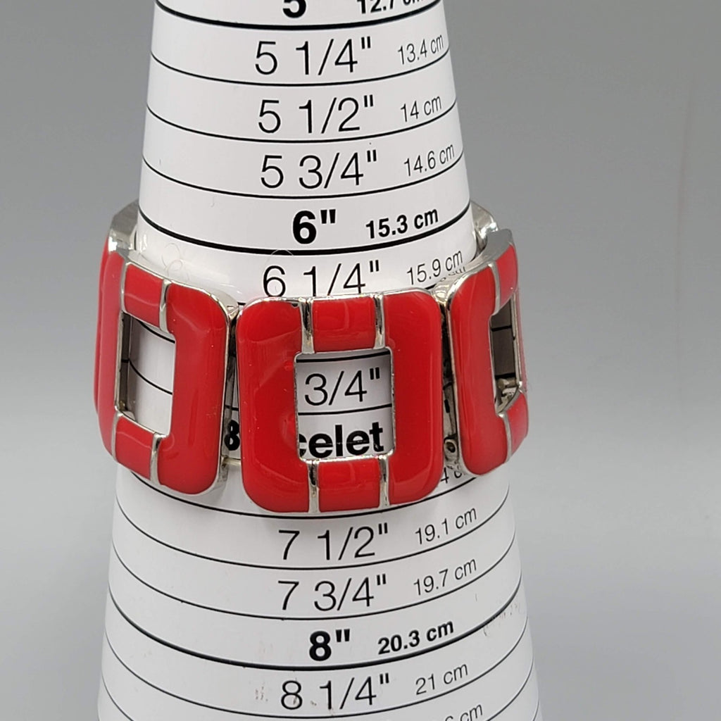Chunky Link Bracelet Silver Tone Geometric Modern Statement Wide Elastic Enamel