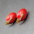 Vintage Pierced Earrings Gold tone Red Enamel Drop 1"