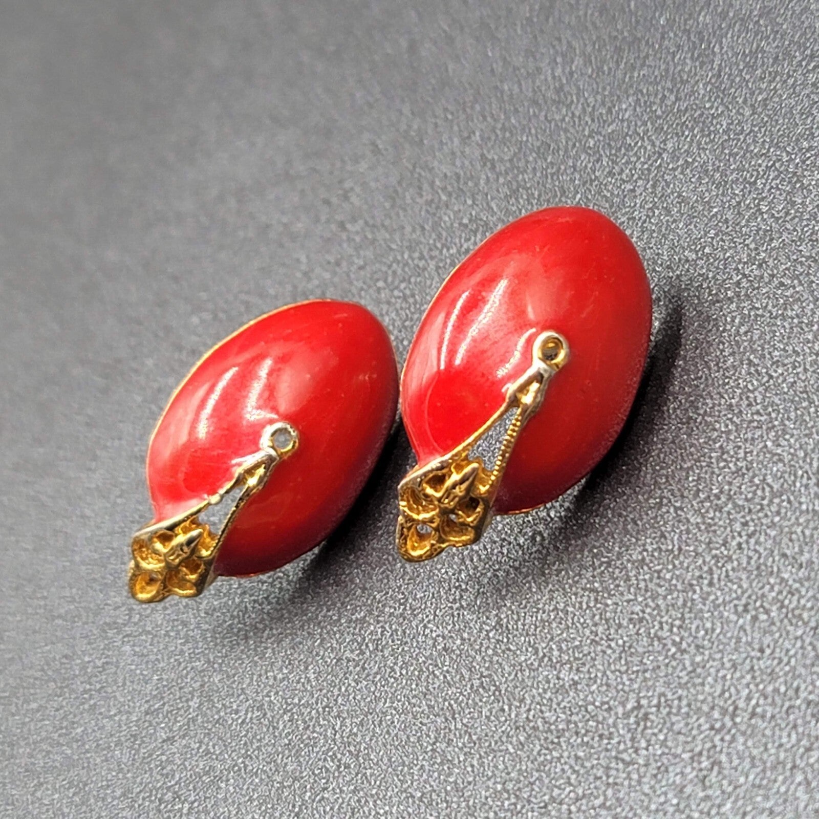 Vintage Pierced Earrings Gold tone Red Enamel Drop 1"