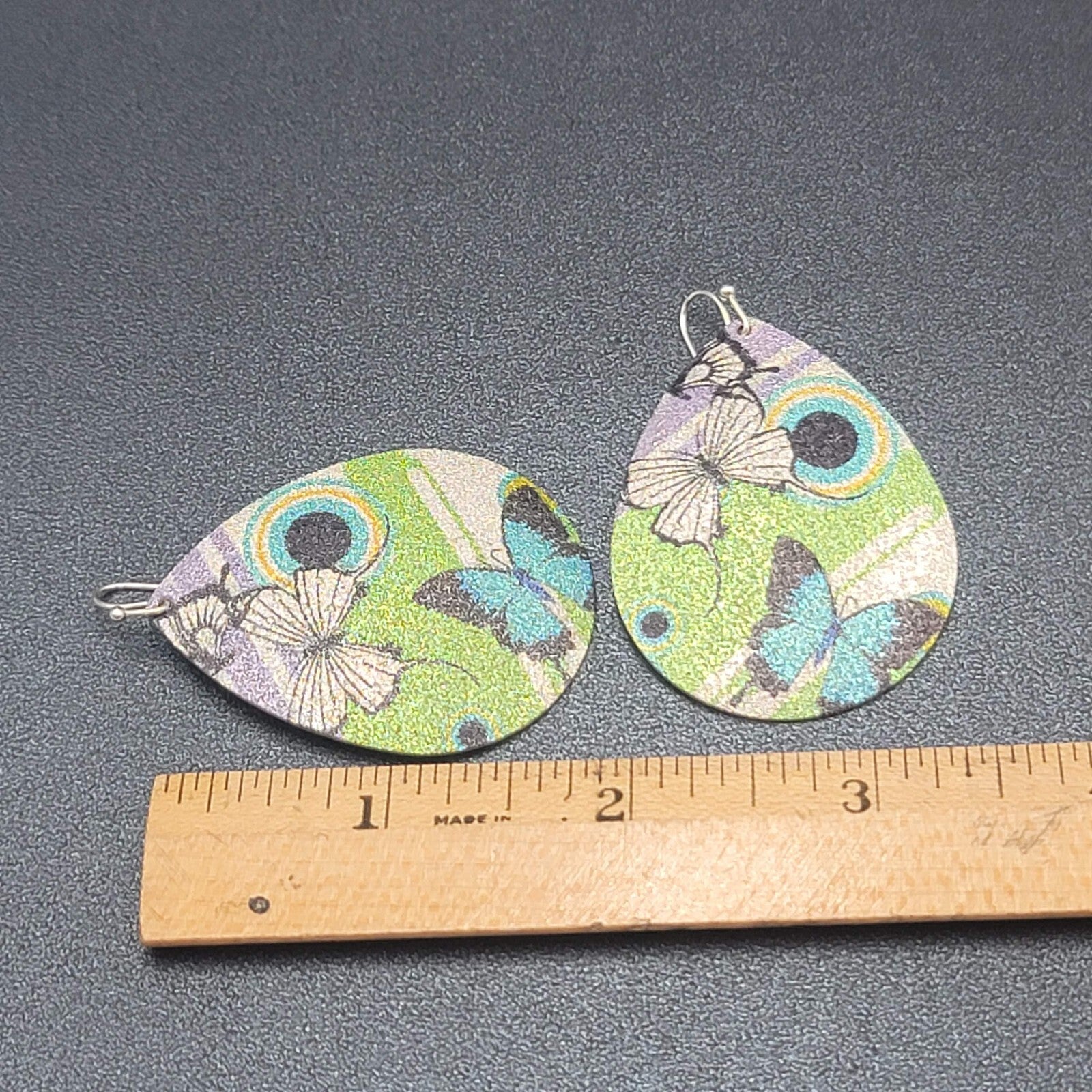 Pierced Earrings Silver tone Textured Butterfly  Teardrop Dangle 2"