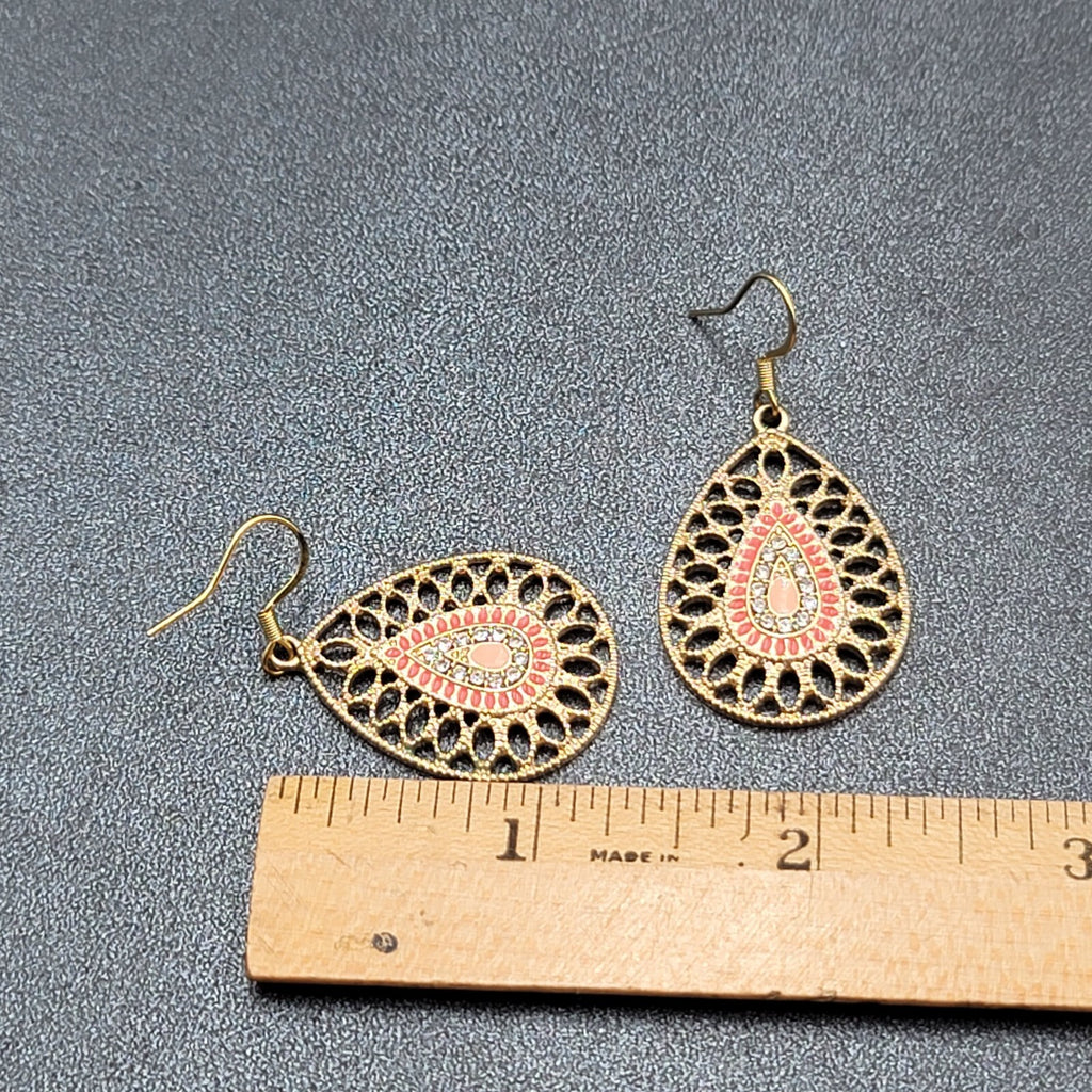 Pierced Earrings Gold tone Teardrop Rhinestone Enamel Dangle 1.25"