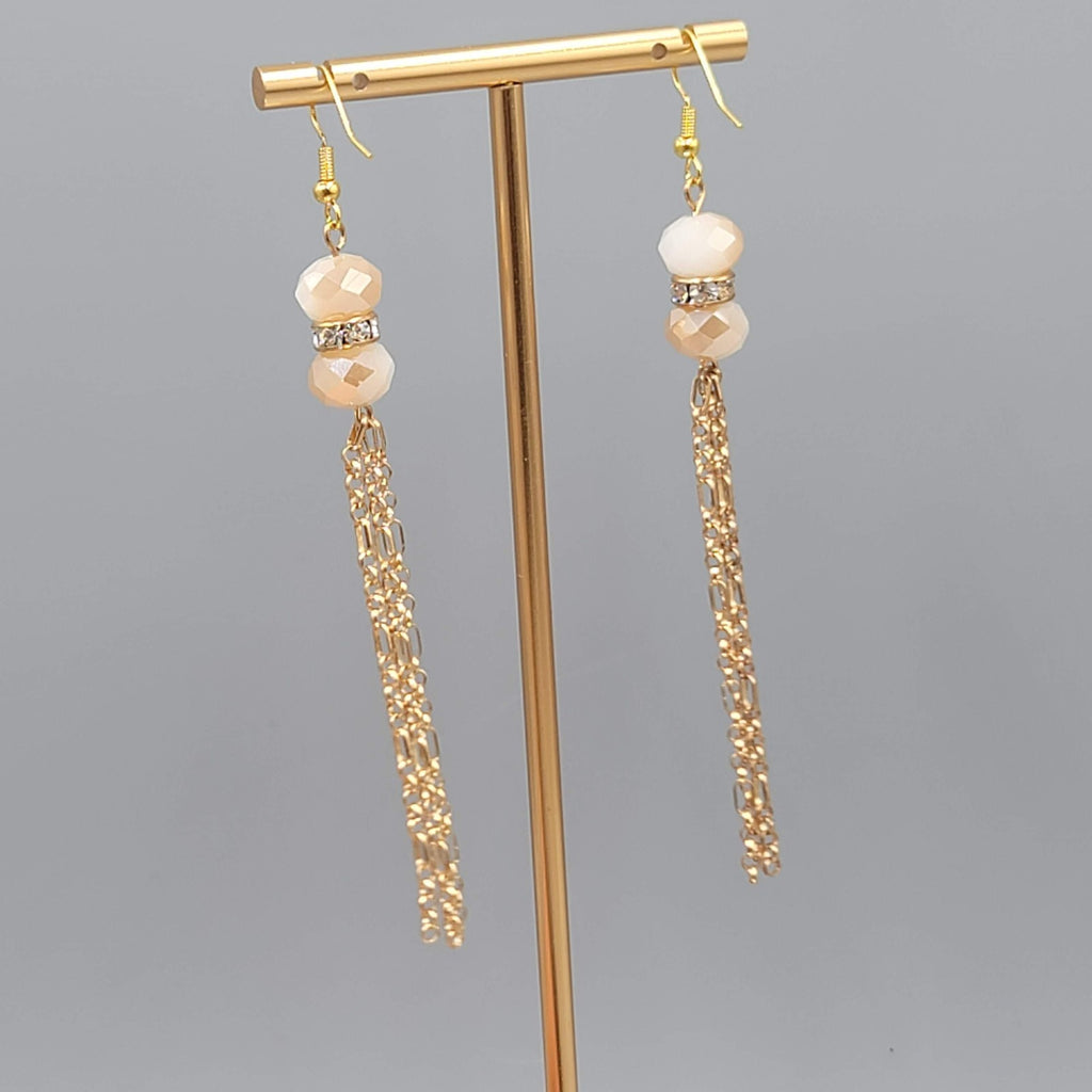 Gold tone Dangle Chains Pierced Earrings Ombre Faceted Glass Beads 3"