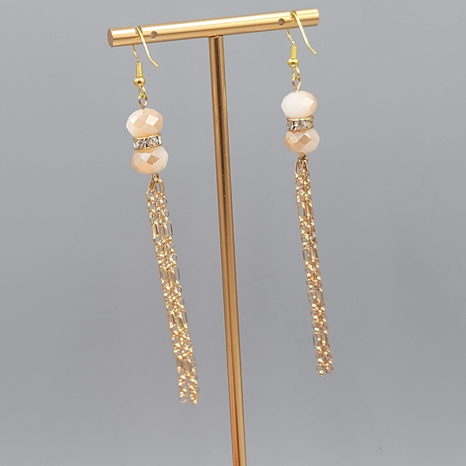 Gold tone Dangle Chains Pierced Earrings Ombre Faceted Glass Beads 3"