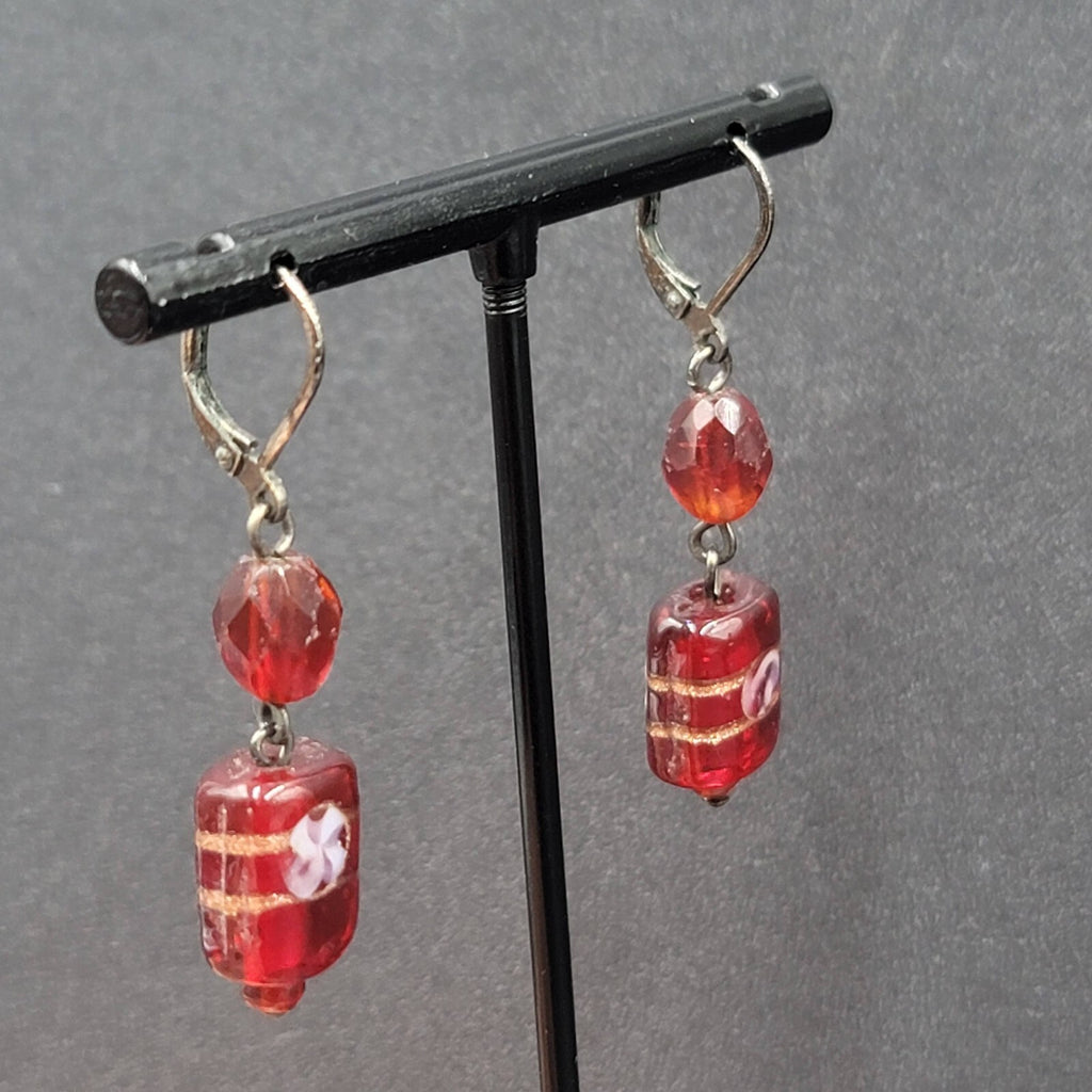 Pierced Earrings Black Metal Red Art Glass Beads 1.25"