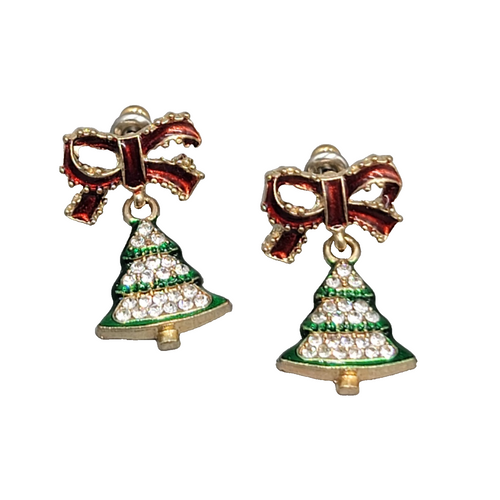 Christmas Tree Enamel Rhinestone Pierced Earrings Gold tone Dangle 1"