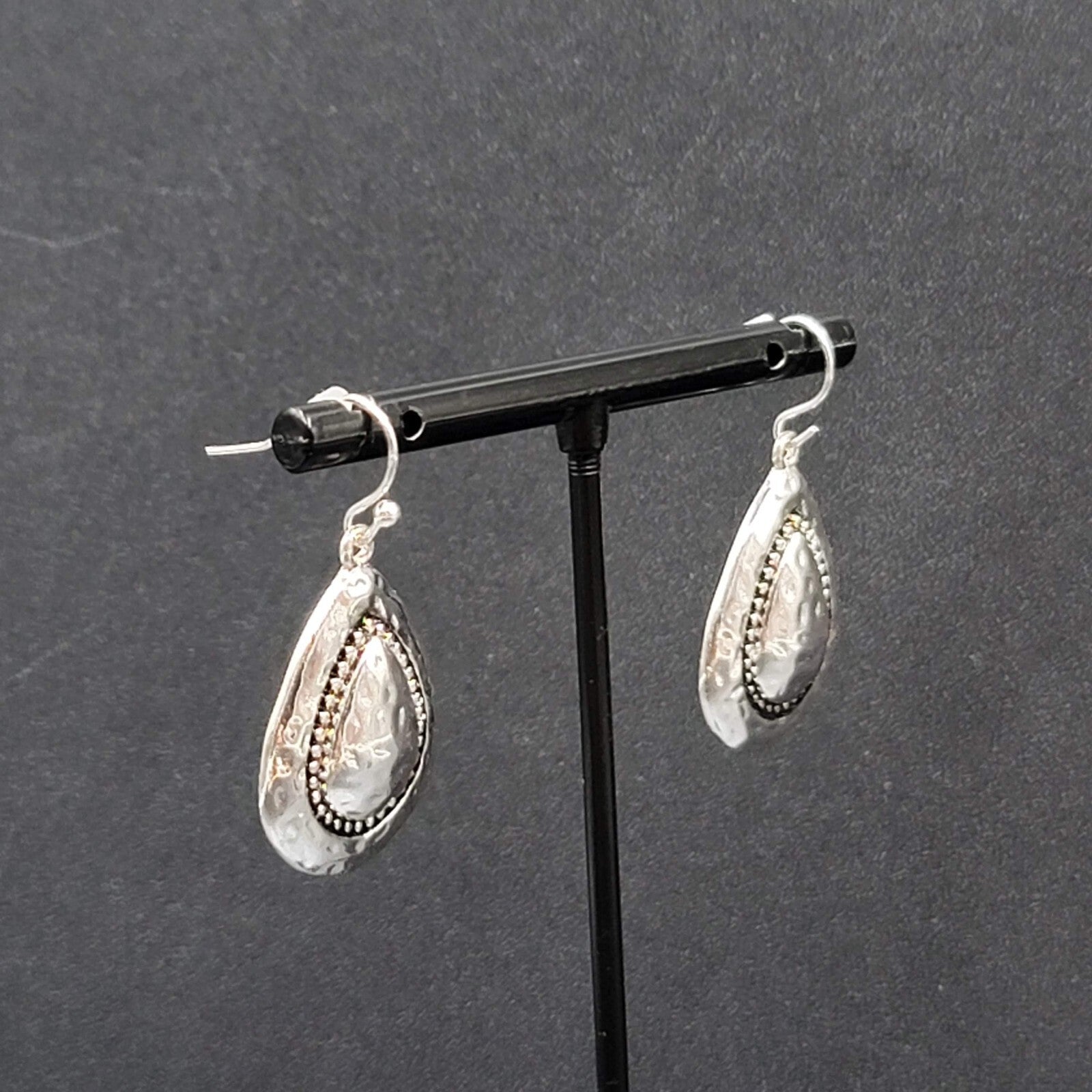 Pierced Earrings Silver Plated Hammered Metal Teardrop Dangle 1"