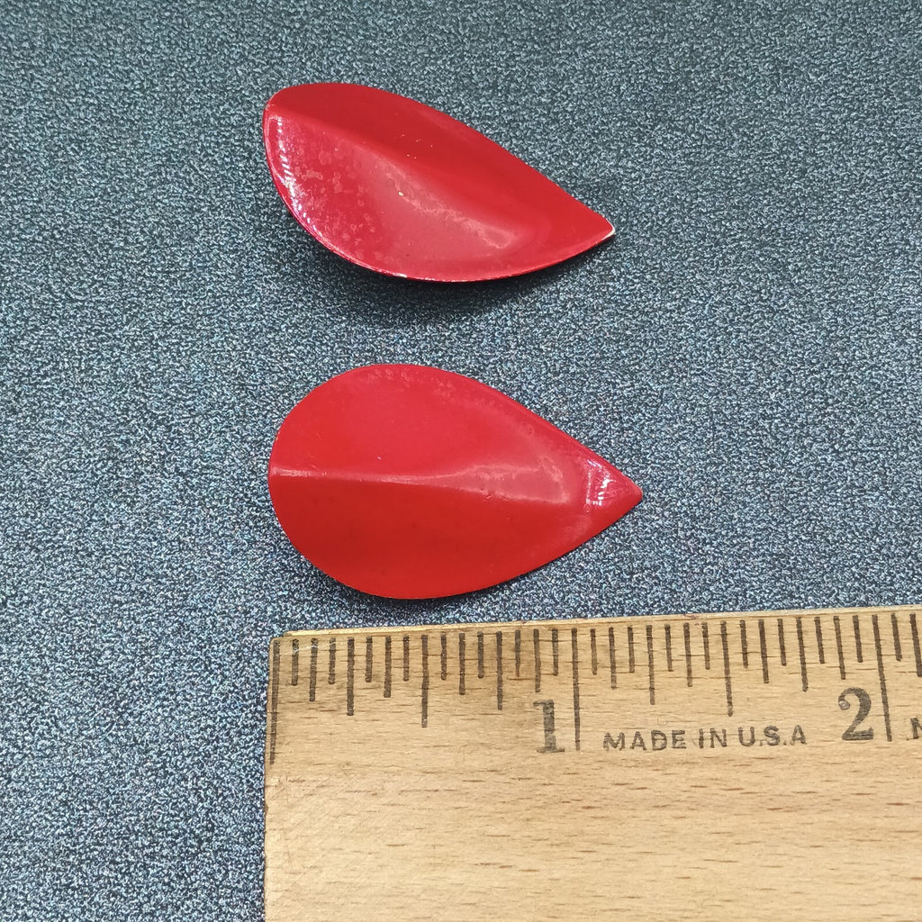 Vintage Pierced Earrings Red Enamel Over Metal Leaf Drop 1 3/8"