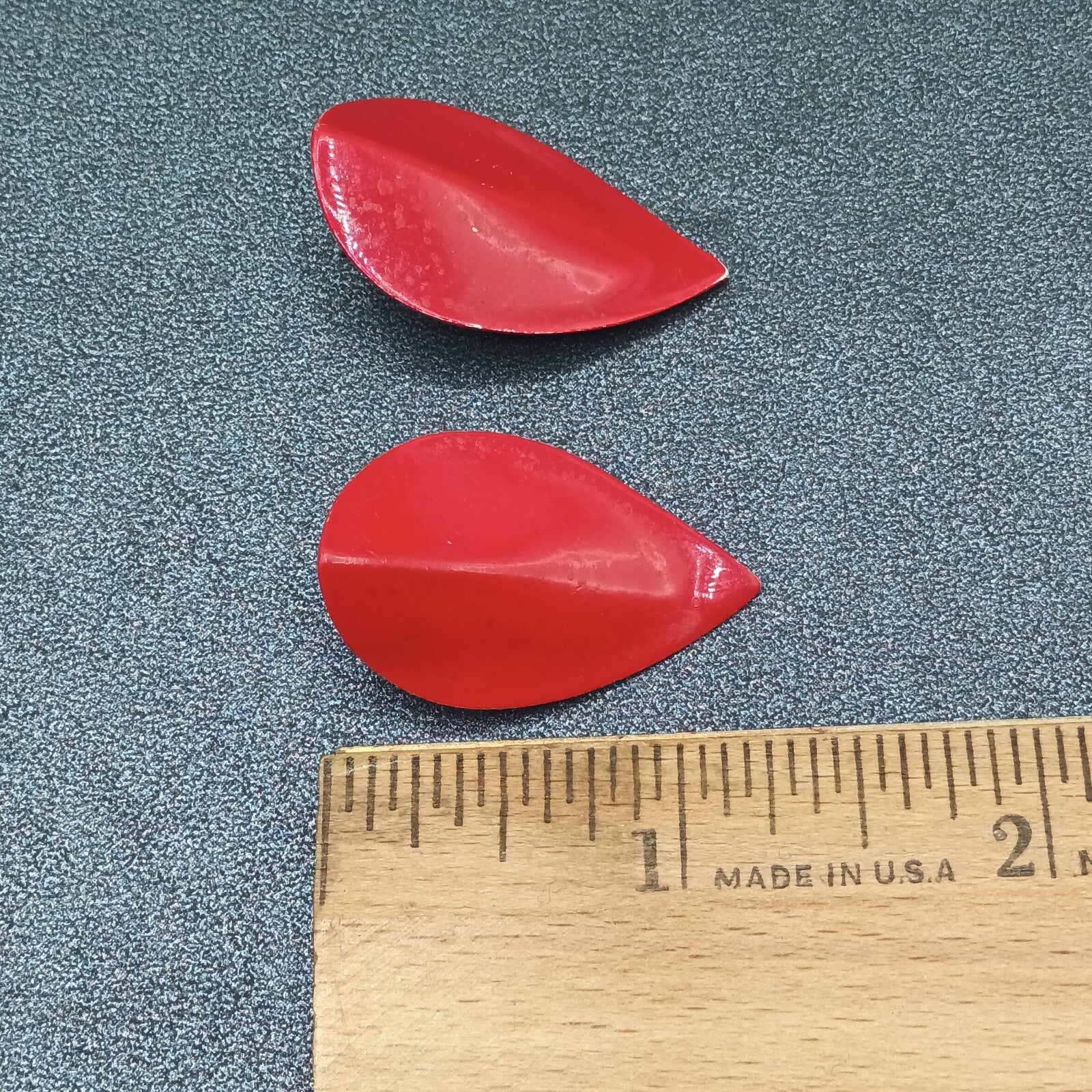 Vintage Pierced Earrings Red Enamel Over Metal Leaf Drop 1 3/8"