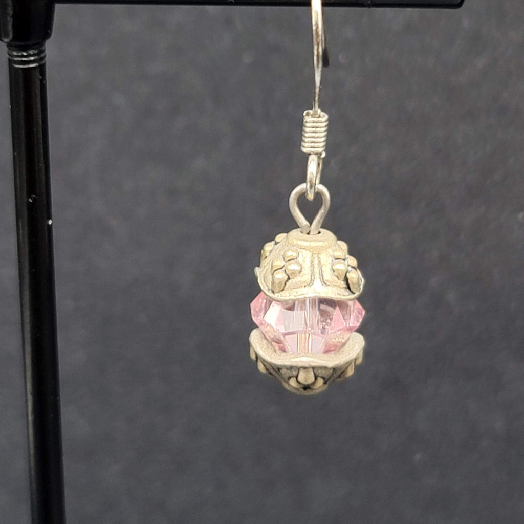 Pierced Earrings Silver tone Pink Crystal Bead Dangle 5/8"