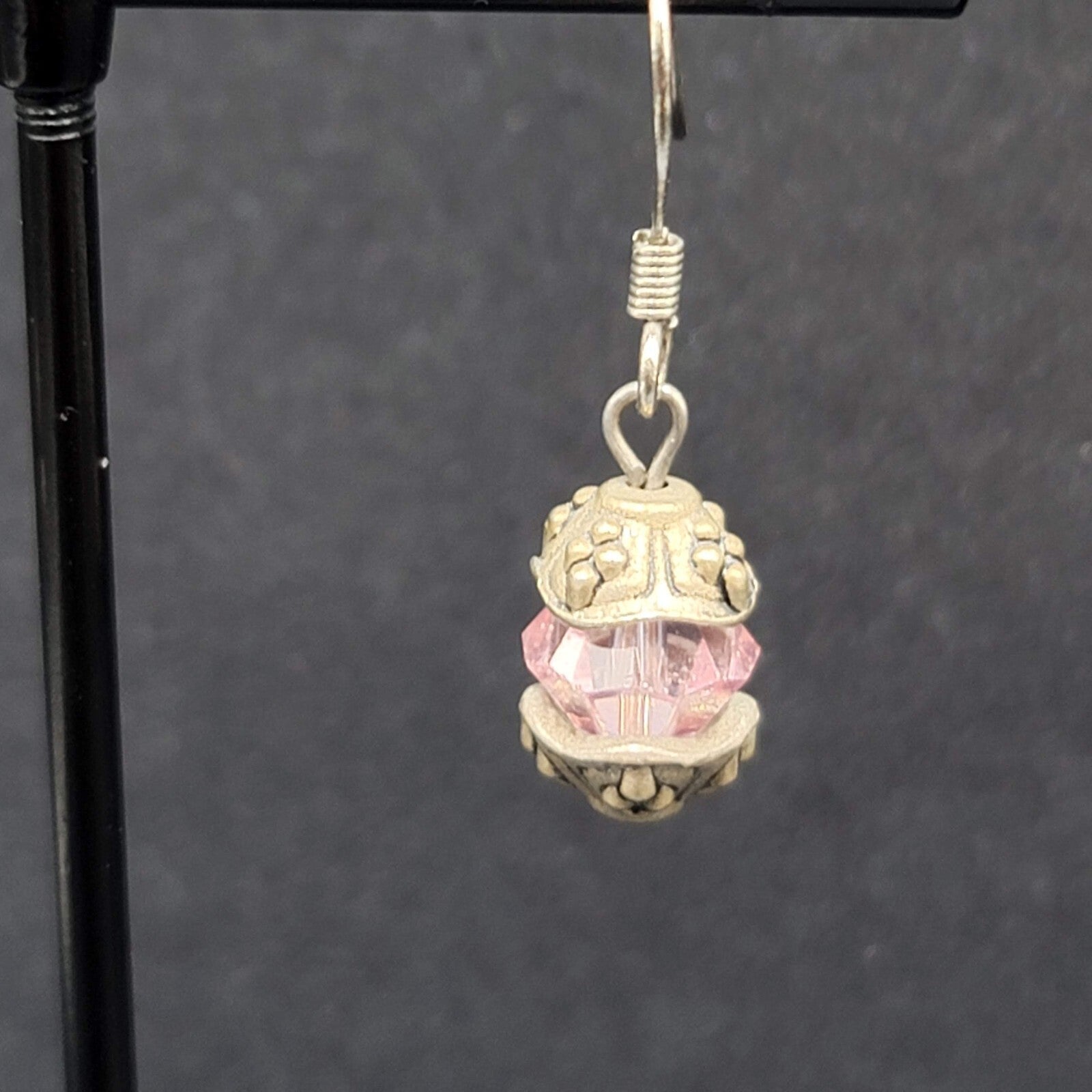 Pierced Earrings Silver tone Pink Crystal Bead Dangle 5/8"