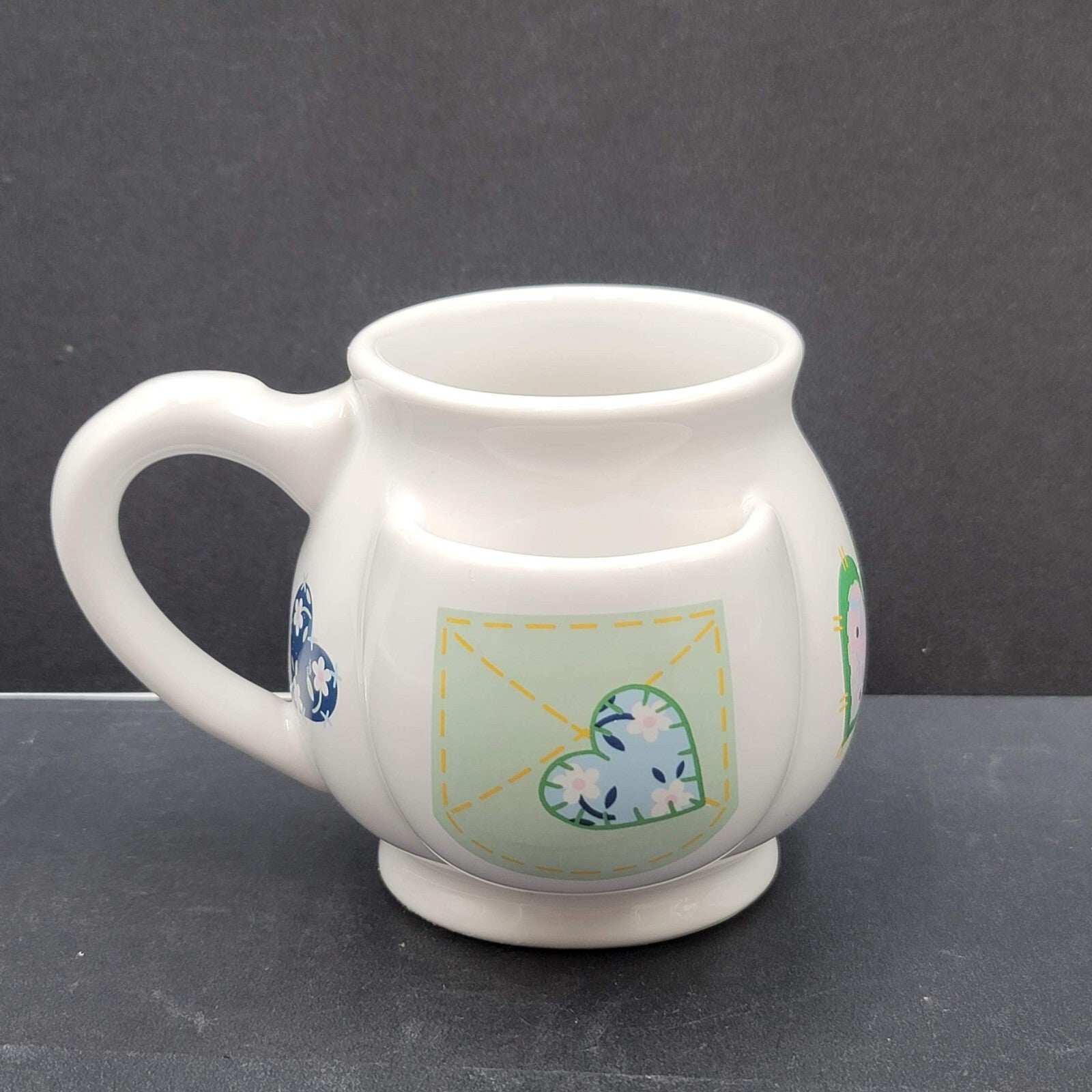 Vintage HD&S Ceramic Mug Cup with Pocket for Tea Bag Quilted Hearts 1999
