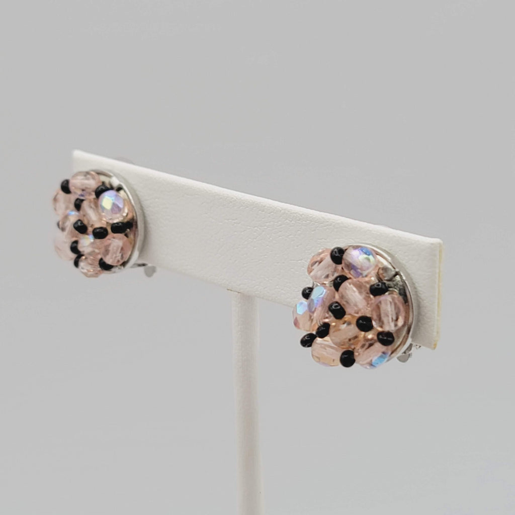 Vintage Pink Bead Stud Clip on Earrings Silver tone Round 5/8 in