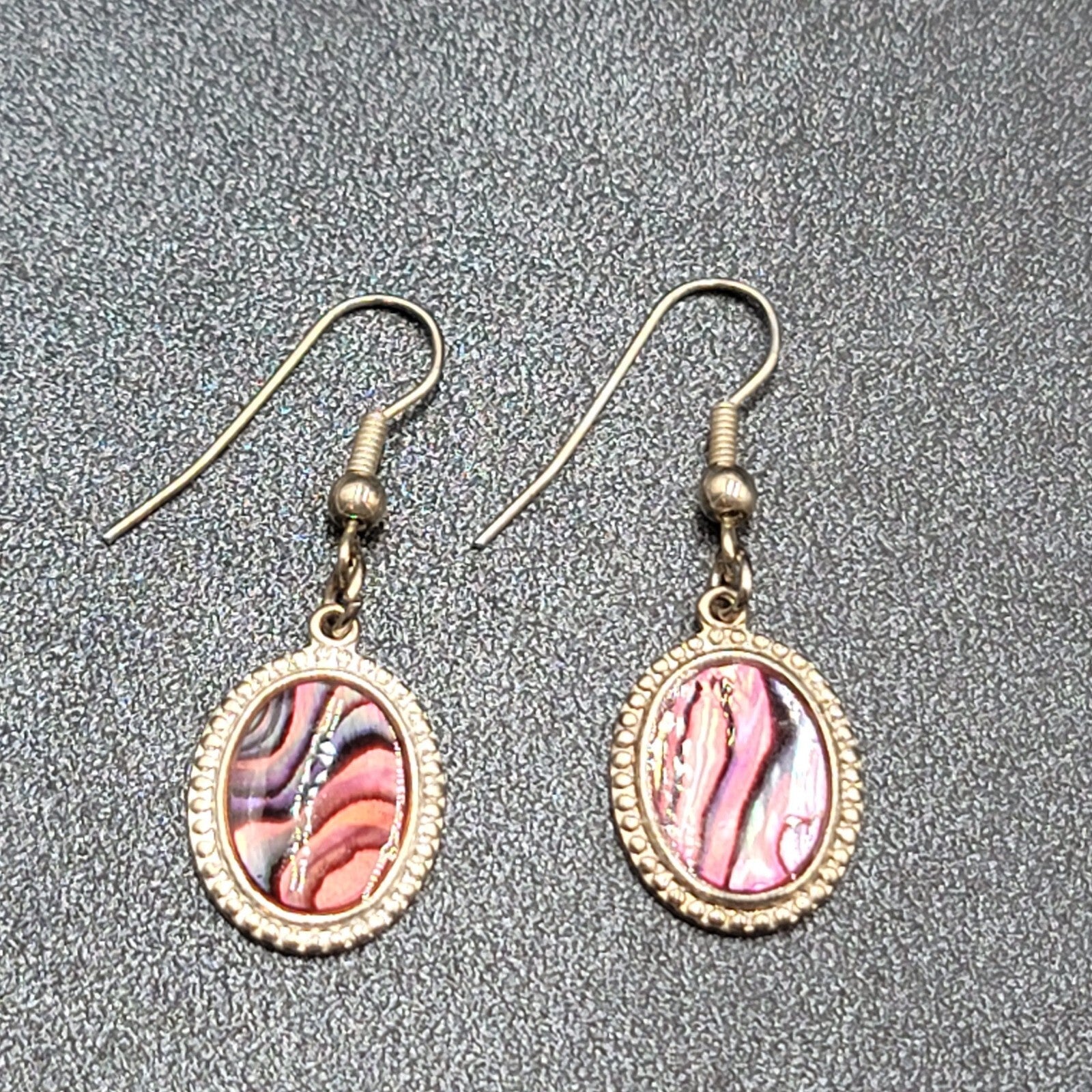 Vintage Pierced Earrings Silver tone Oval Faux Abalone Dangle 3/4"