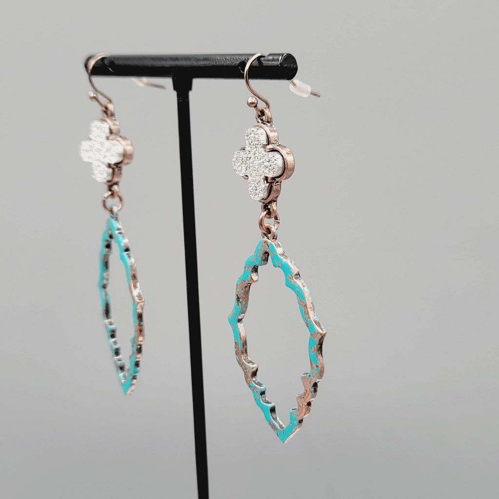 Blue Enamel Patina Dangle Pierced Earrings Silver tone Cross Copper tone 2.5"