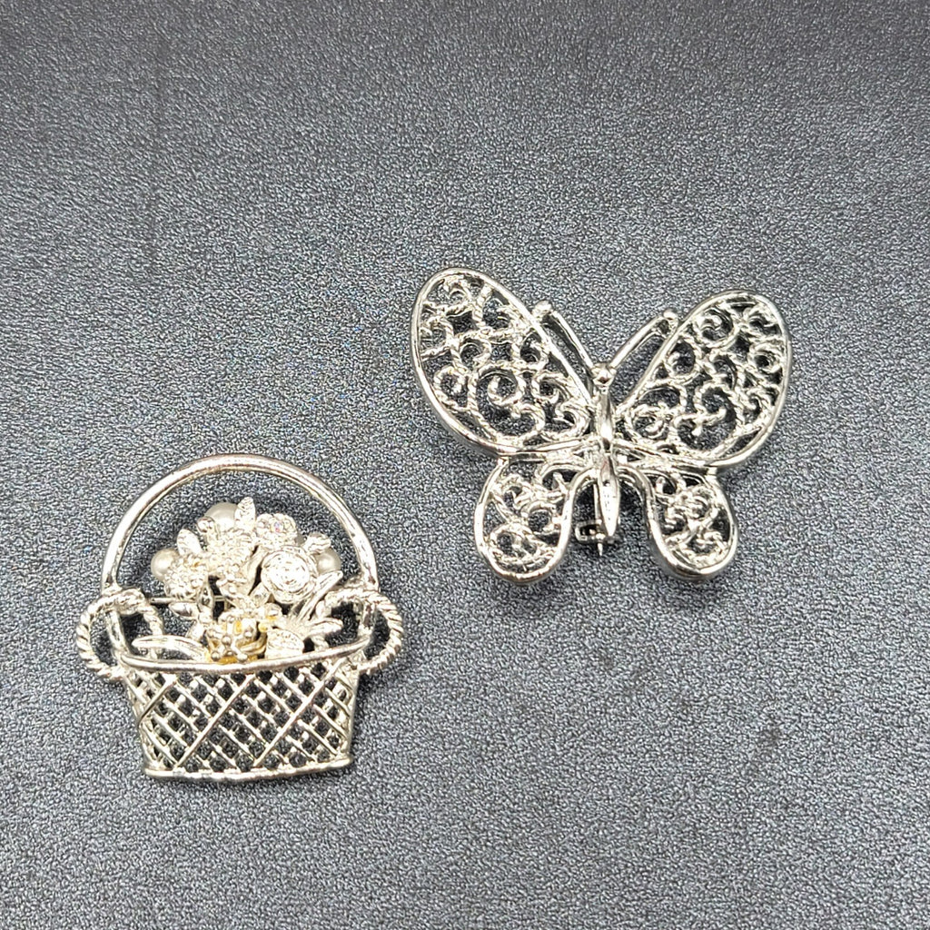 Vintage Brooch Lot of 2 Silver tone Basket of Flowers Filigree Butterfly