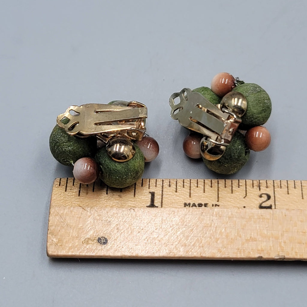 VintageWrapped Green Bead Clip on Earrings Brown Bead 1 in