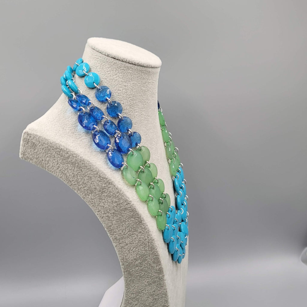 Large Triple Strand Blue Green Bead Necklace Statement 18"