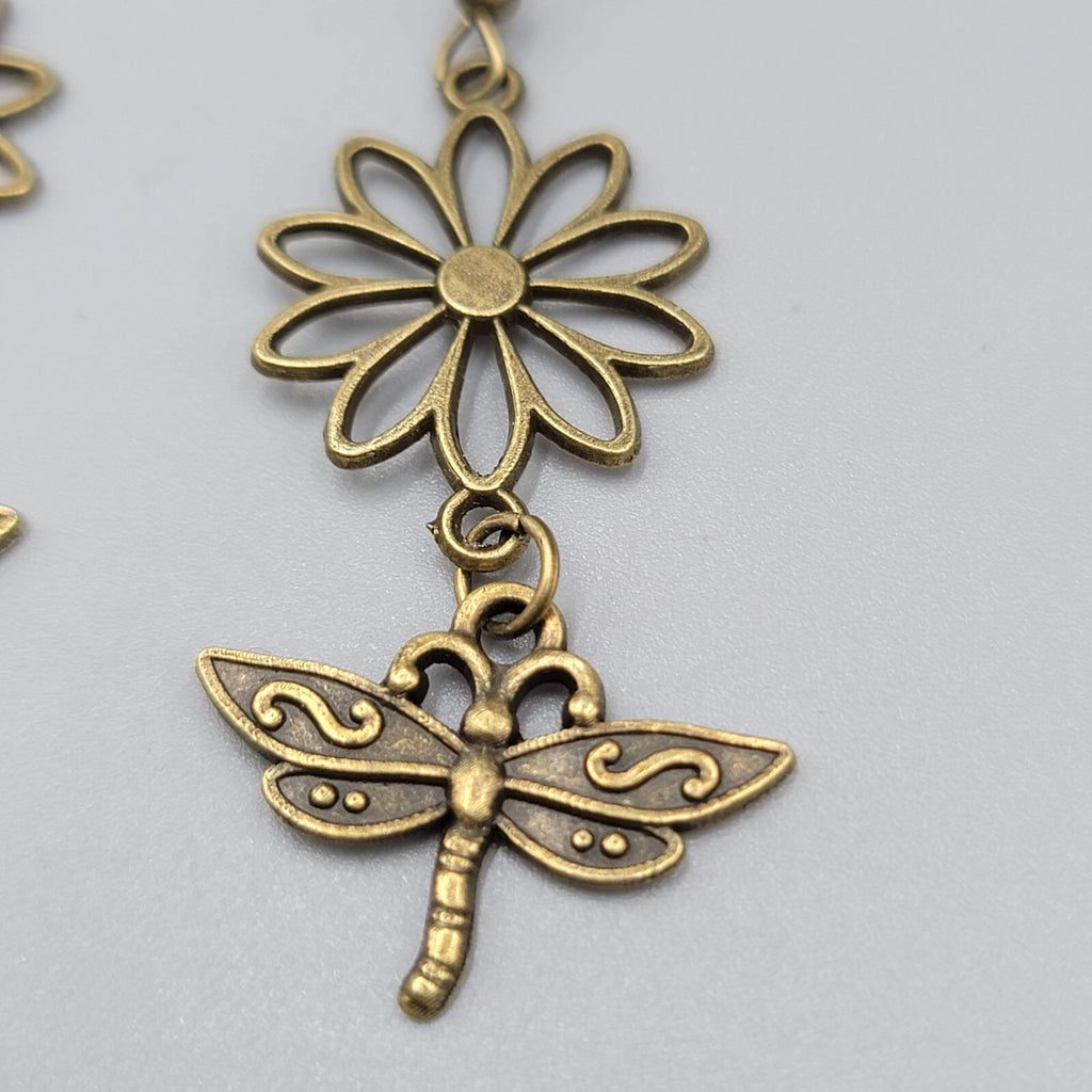 Dragonfly Flower Pierced Earrings Bronze tone Dangle NEW 1 5/8"