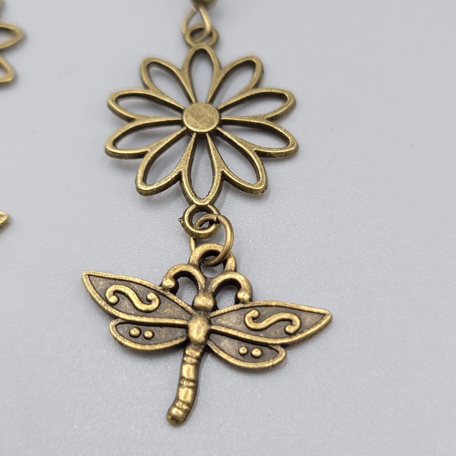 Dragonfly Flower Pierced Earrings Bronze tone Dangle NEW 1 5/8"