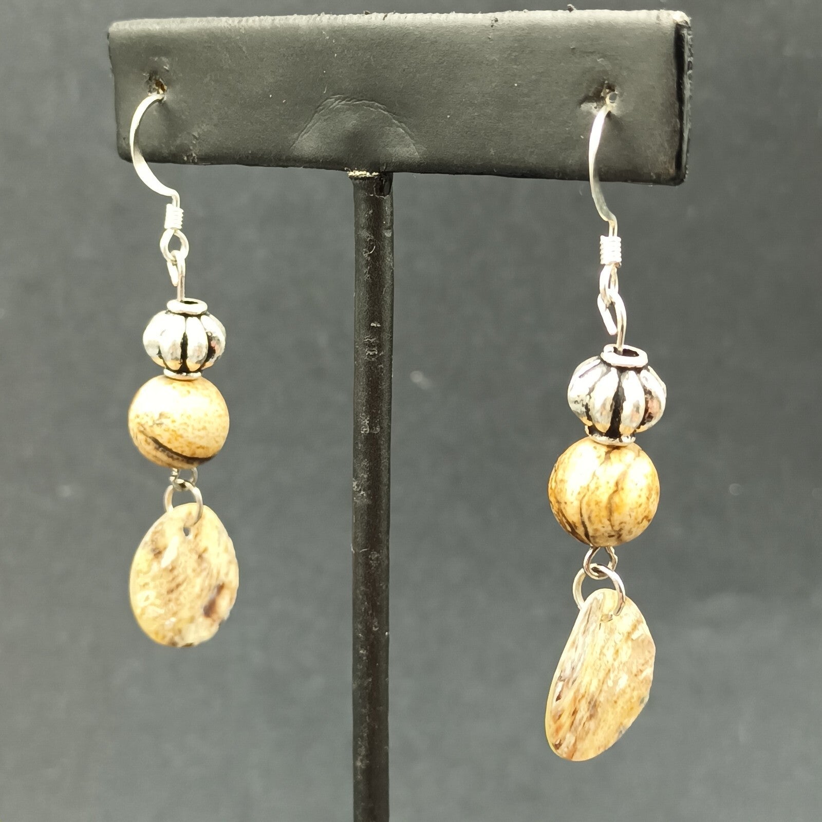 Pierced Earrings Silver tone Beaded Shell Statement Dangle 1 1/2"