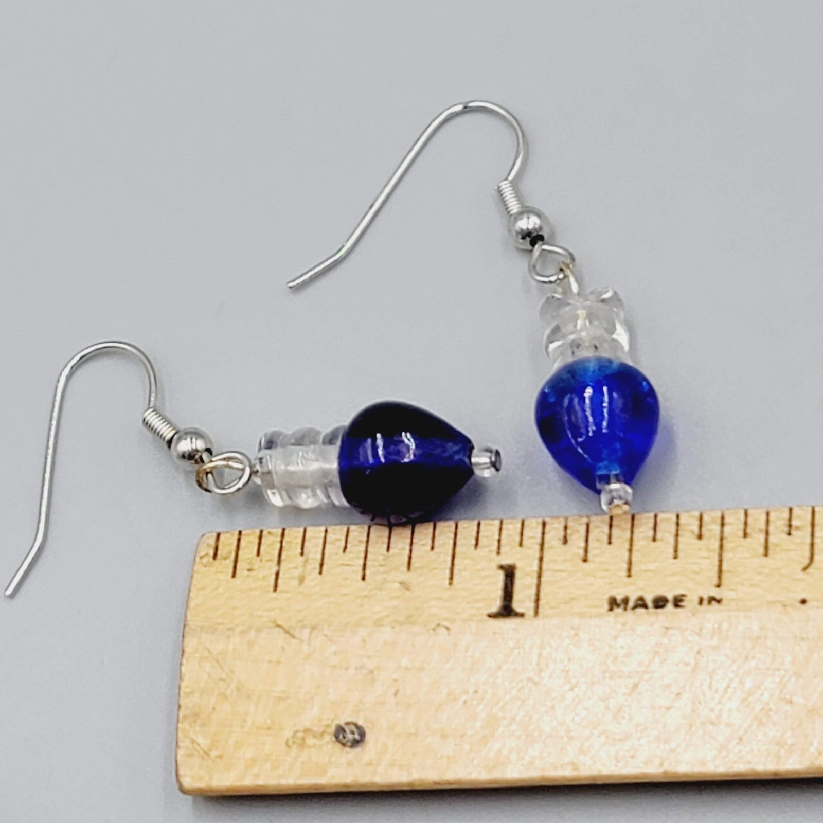 Blue Glass Bead Pierced Earrings Dangle Silver Tone