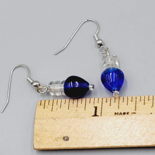 Blue Glass Bead Pierced Earrings Dangle Silver Tone