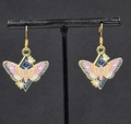 Purple Moon Moth Enamel Pierced Earrings Gold tone Dangle Butterfly 7/8"