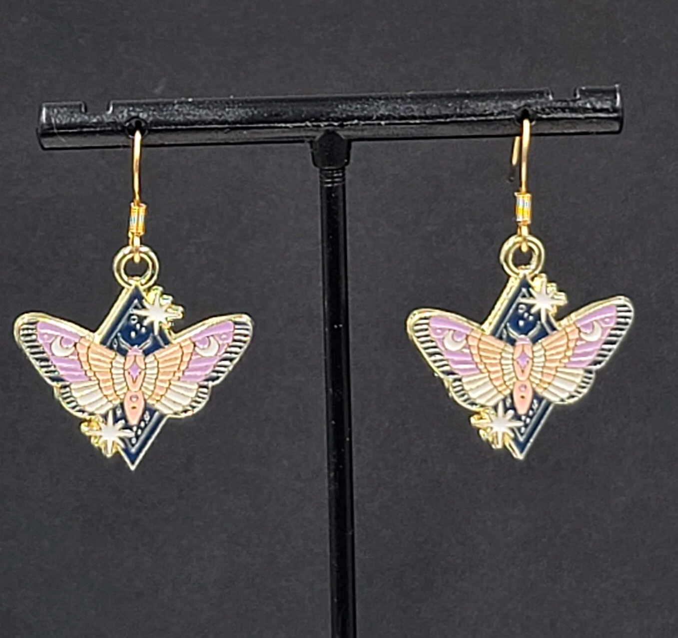 Purple Moon Moth Enamel Pierced Earrings Gold tone Dangle Butterfly 7/8"