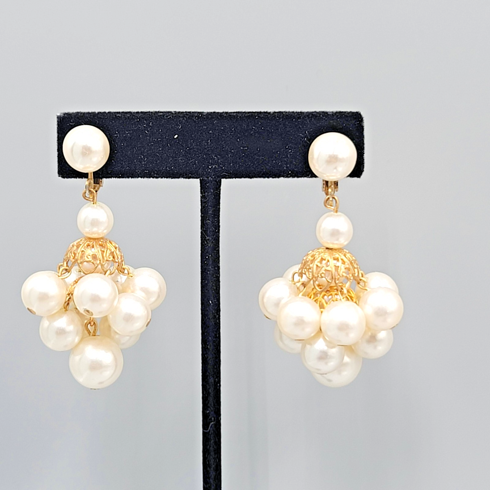 Vintage White Beaded Chandelier Clip on Earrings Gold tone Dangle 2 in