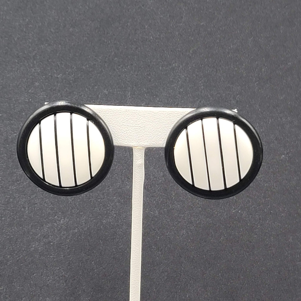 Vintage Pierced Earrings Black White Striped Round Drop 1.25"