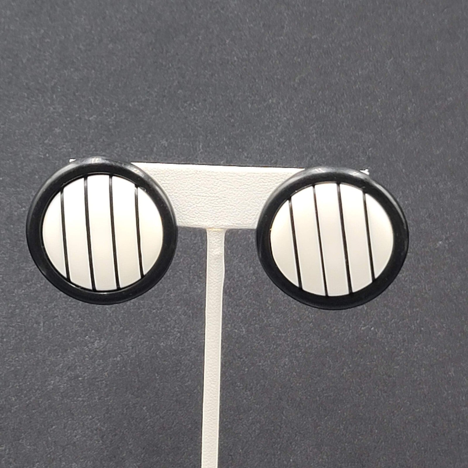 Vintage Pierced Earrings Black White Striped Round Drop 1.25"