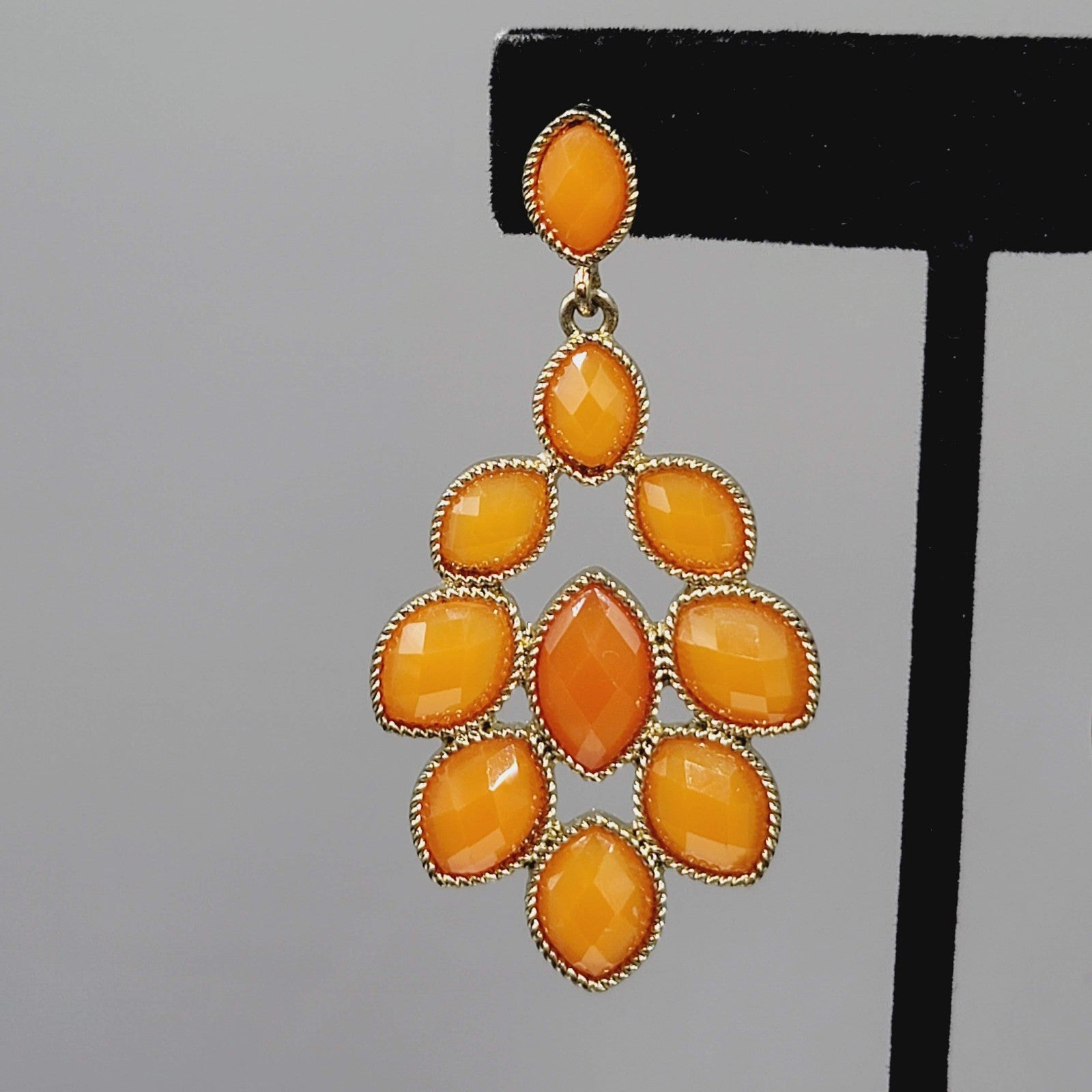 Statement Dangle Pierced Earrings Gold Tone Faceted Orange Bold Costume 2.5"