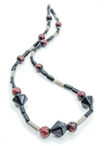 Vintage Beaded Necklace 24 in Estate Costume Jewelry Red Black Silver