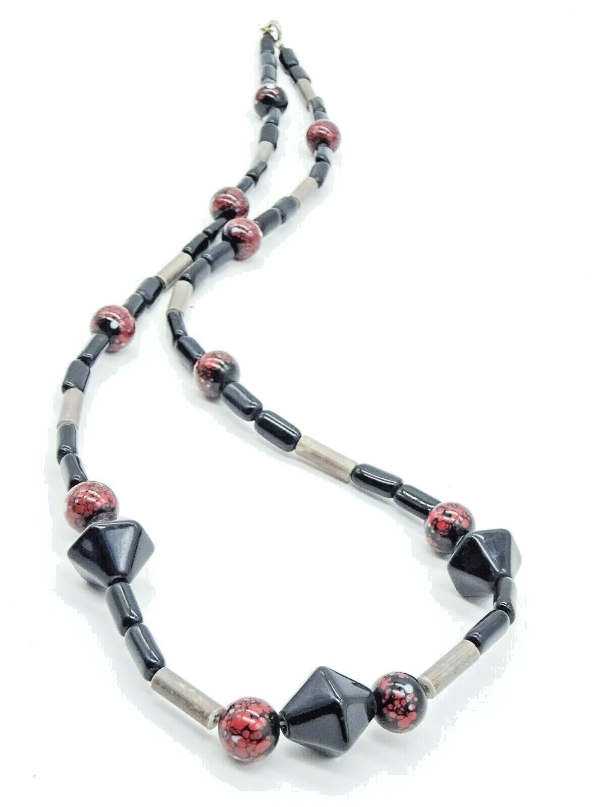 Vintage Beaded Necklace 24 in Estate Costume Jewelry Red Black Silver