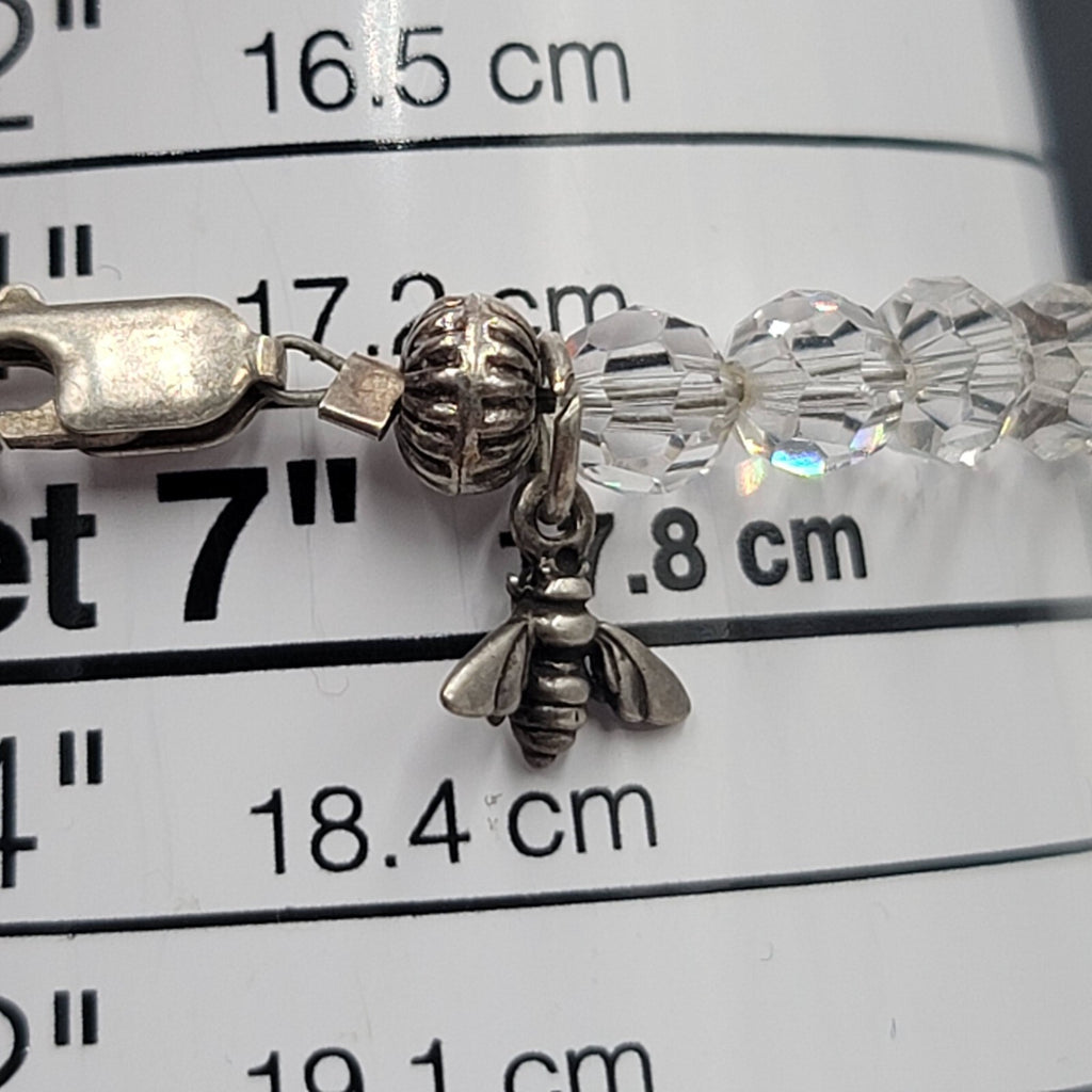 Sterling Silver Crystal Bead Bracelet Bee Charm 6 3/4"