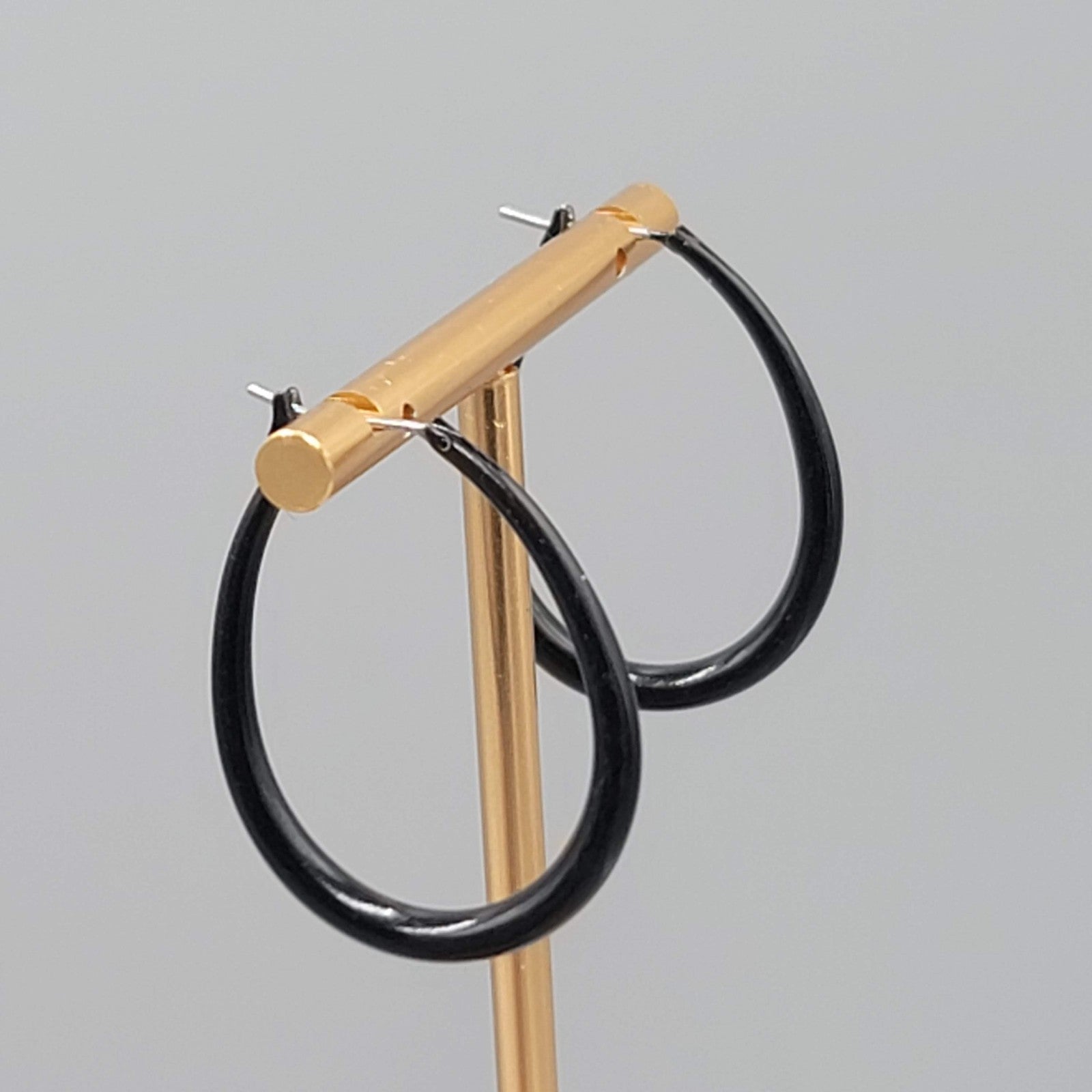 Black Oval Hoops Pierced Earrings Enamel 1 3/8 in