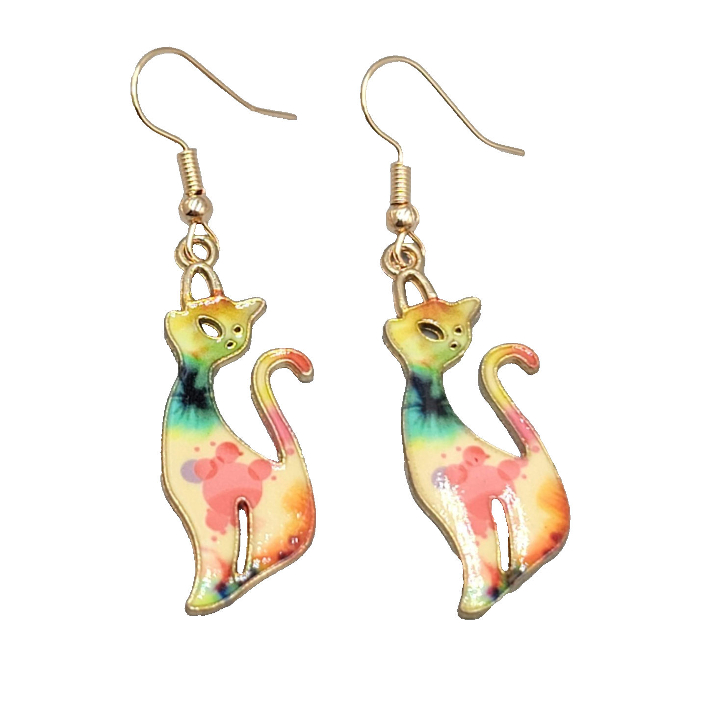 Kitty Cat Tie Dye Multicolor Pierced Earrings Gold tone Dangle 1 3/8"
