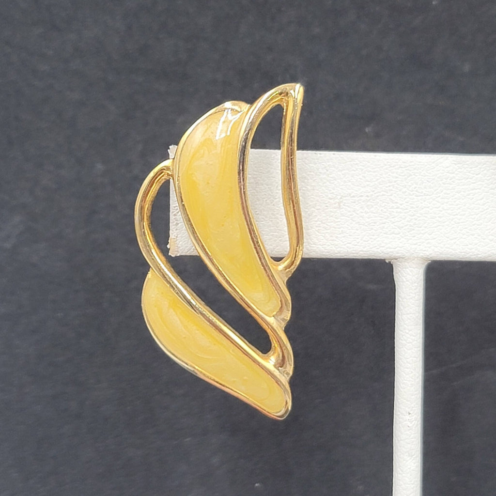 Vintage Pierced Earrings Gold tone Swirl Yellow Enamel Drop Statement 1.75"
