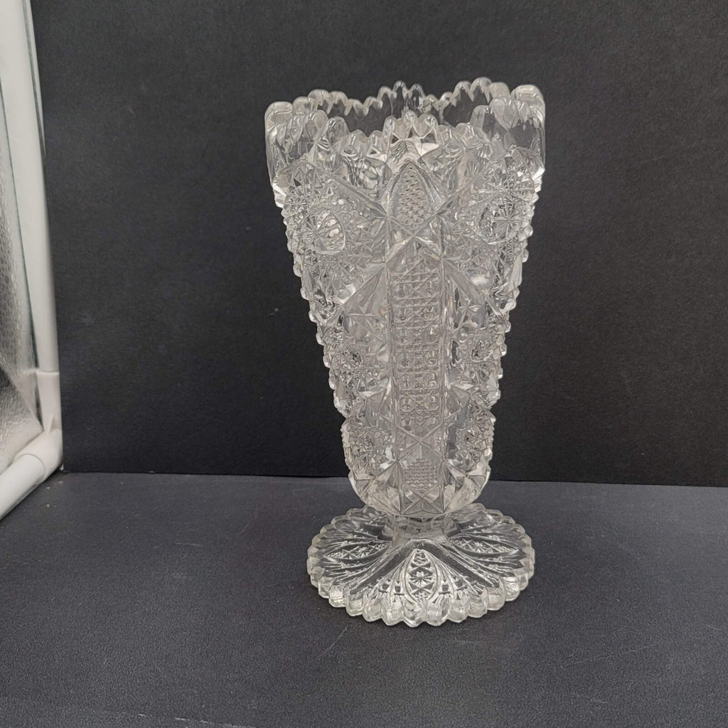 Vintage Pressed Glass Flower Vase Intricate Design 6.5"