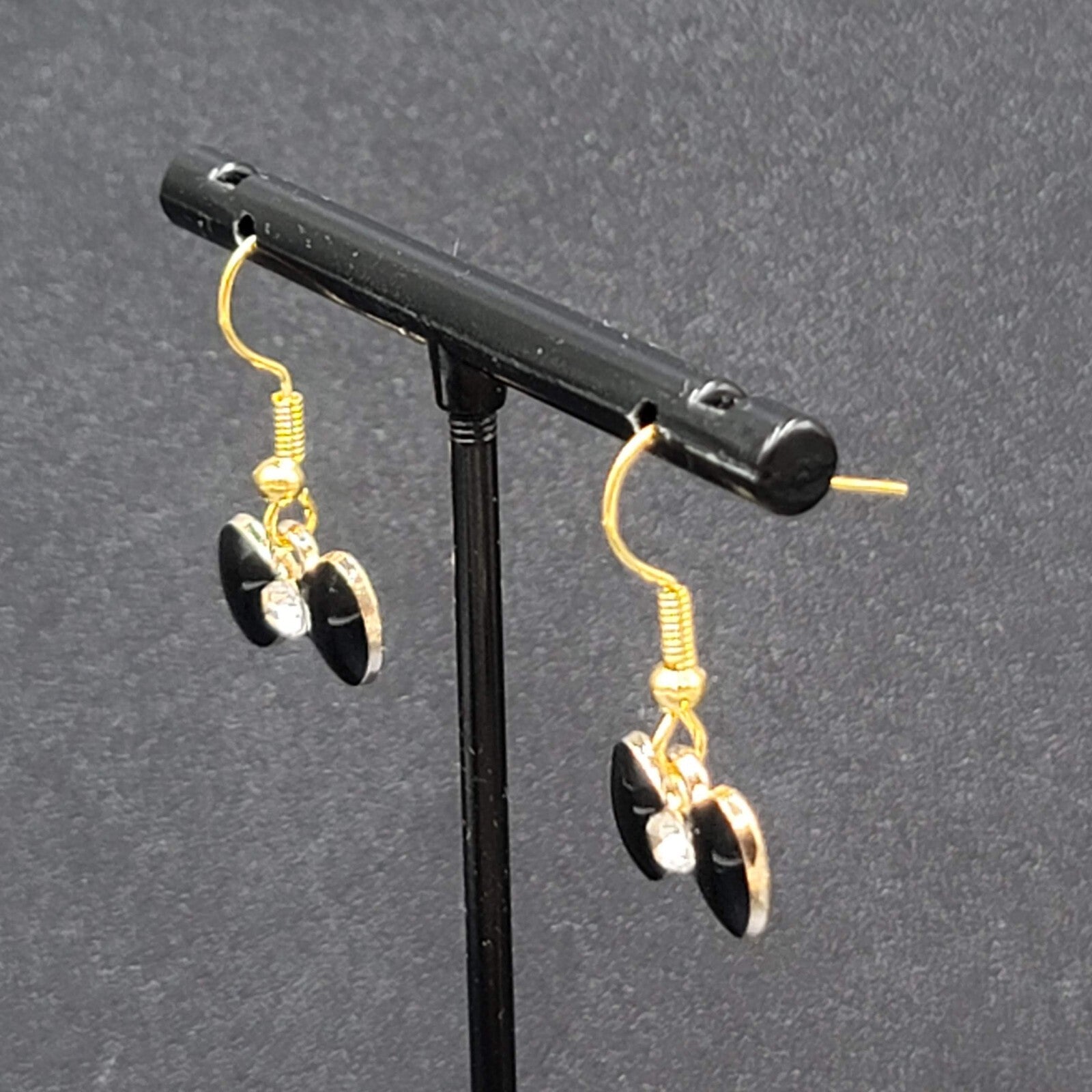 Bow Pierced Earrings Gold tone Crystal Black Enamel Dangle 3/8"
